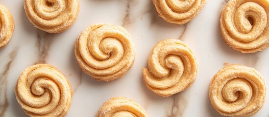 Swirled buttery biscuits arranged elegantly on a marble surface showcasing their delicate texture and golden color.