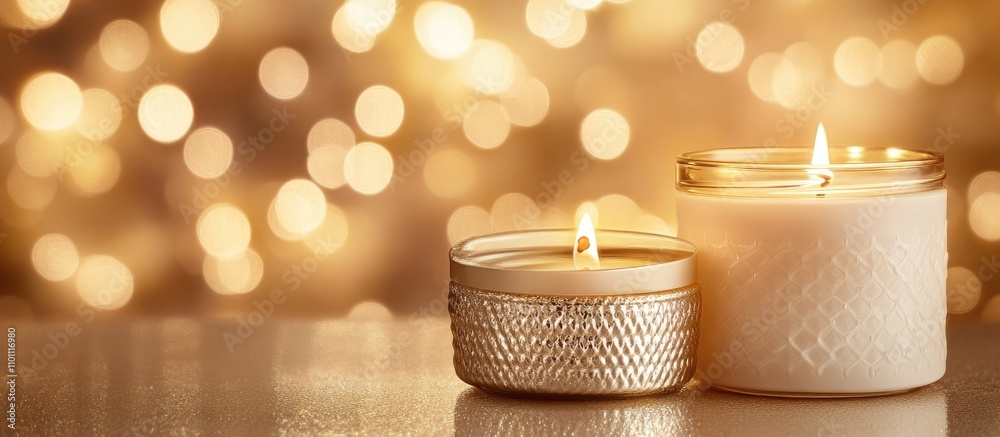Poster Candles in varying depths with a warm golden bokeh background highlighting their flames and decorative jars creating a serene atmosphere