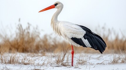 Fototapeta premium Stork standing gracefully in a natural landscape showcasing its striking features and vibrant colors against a soft white background