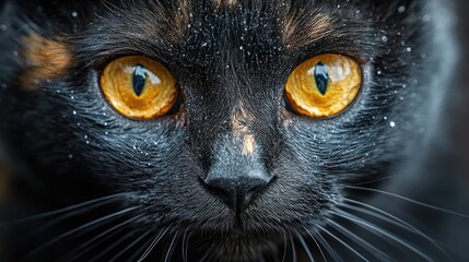 Beautiful close-up of a dark gray cat with striking yellow eyes highlighting its unique features and captivating expression.
