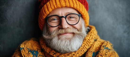 Cheerful older man wearing a colorful knit hat and sweater exuding a whimsical elf vibe against a simple studio background