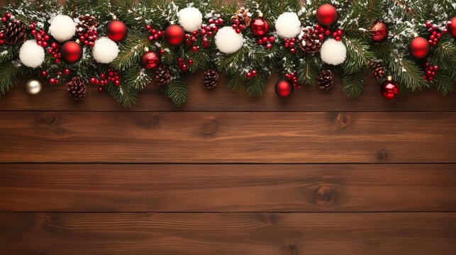 A festive Christmas garland adorned with vibrant red and white ornaments, beautifully displayed against a rustic wooden backdrop.