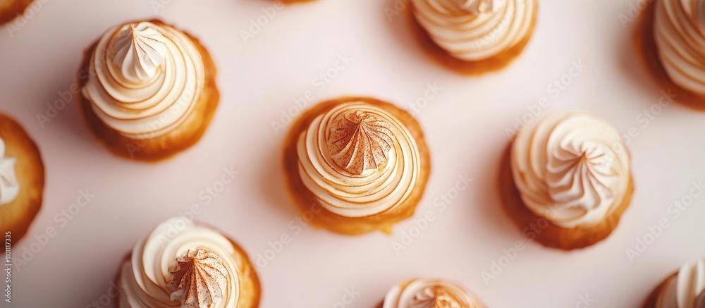 Poster Aerial view of beautifully designed pastries with selective focus showcasing intricate frosting details and soft blurred background elements