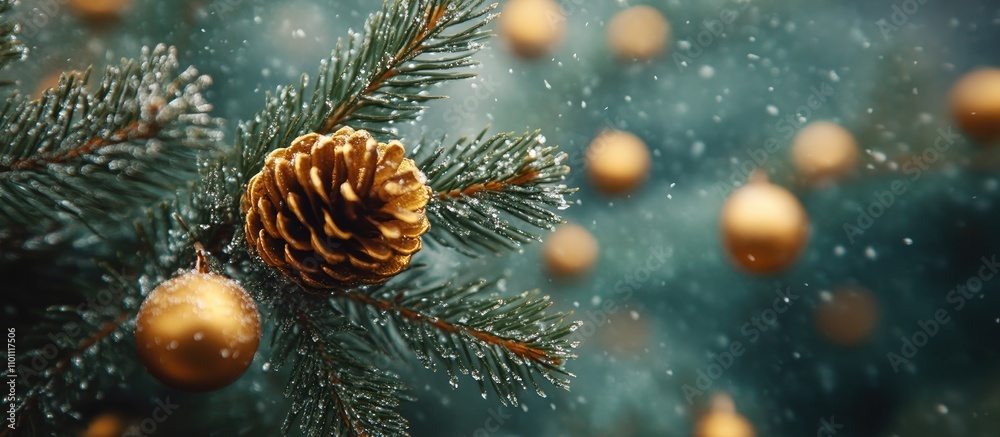 Poster Close-up of fir tree branches adorned with golden ornaments and pine cones against a shimmering winter background with falling snowflakes
