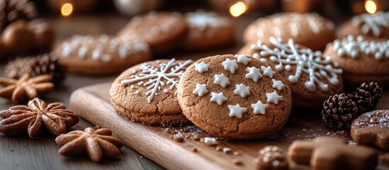 Fototapeta premium Festive gingerbread cookies decorated with icing and assorted sweet treats on a wooden board with a warm holiday ambiance.
