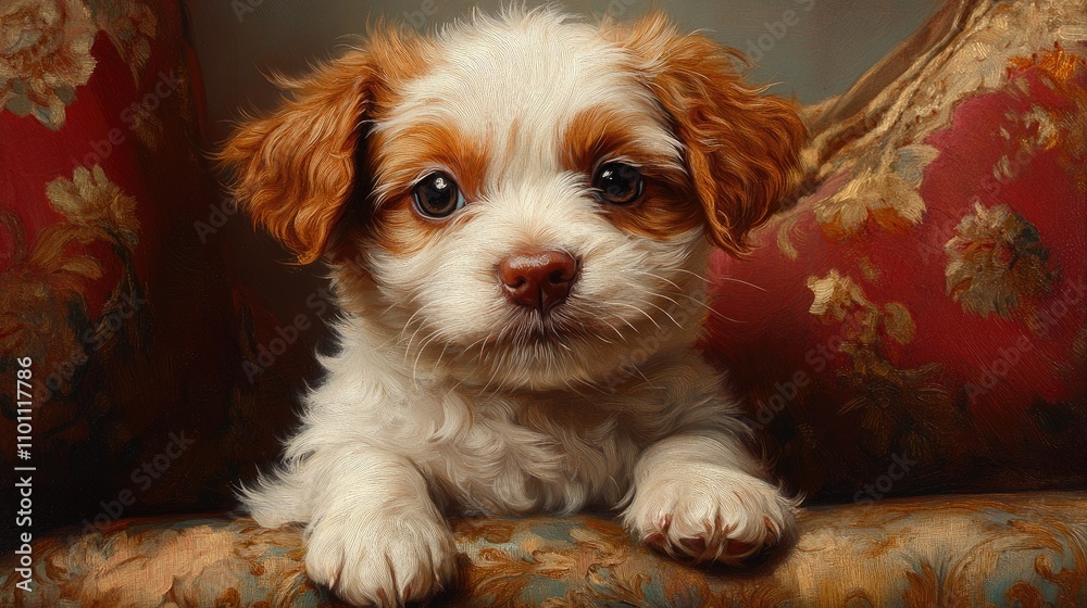 Poster charming and affectionate puppy relaxing on a vintage floral sofa with captivating eyes and fluffy f