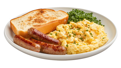 A breakfast platter with scrambled eggs, sausage, and toast.