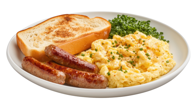 A breakfast platter with scrambled eggs, sausage, and toast.