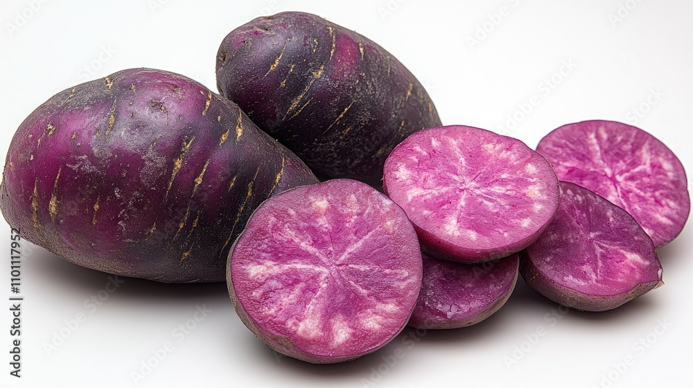 Poster fresh and vibrant purple twilight potatoes arranged on a white background showcasing their unique co