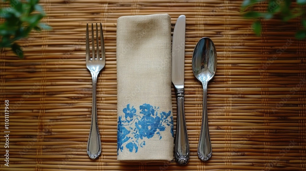 Aufkleber elegant table setting with fork knife spoon and silk napkin beautifully arranged on a bamboo mat for