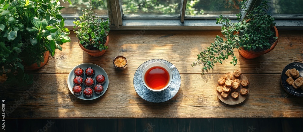 Poster overhead view of a rustic wooden table with a tea set and assorted sweets surrounded by potted herbs