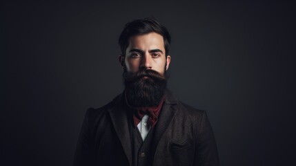 Fototapeta premium Bearded man in formal attire posing confidently in a dimly lit photo studio setting
