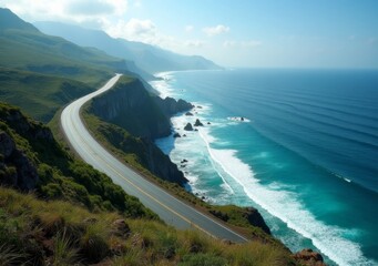 Scenic coastal road winds along the ocean waves and cliffs under a bright sky