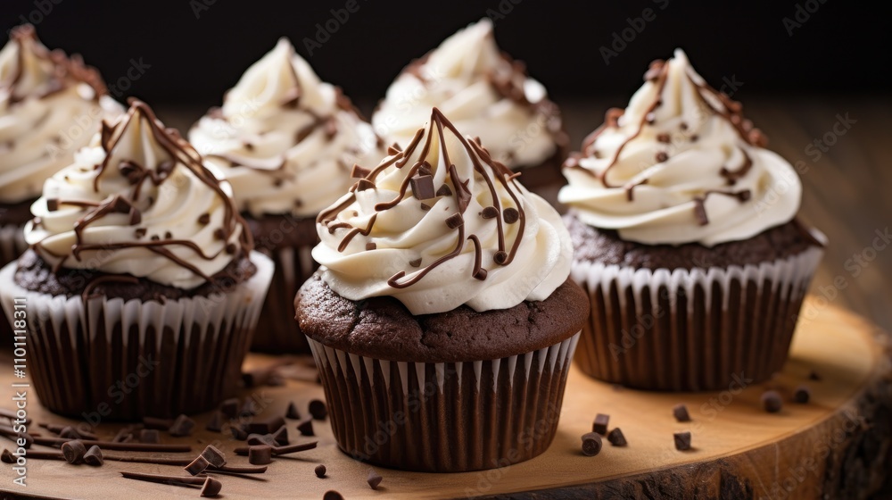 Poster chocolate cupcakes adorned with creamy frosting and chocolate drizzle on a rustic wooden table setti