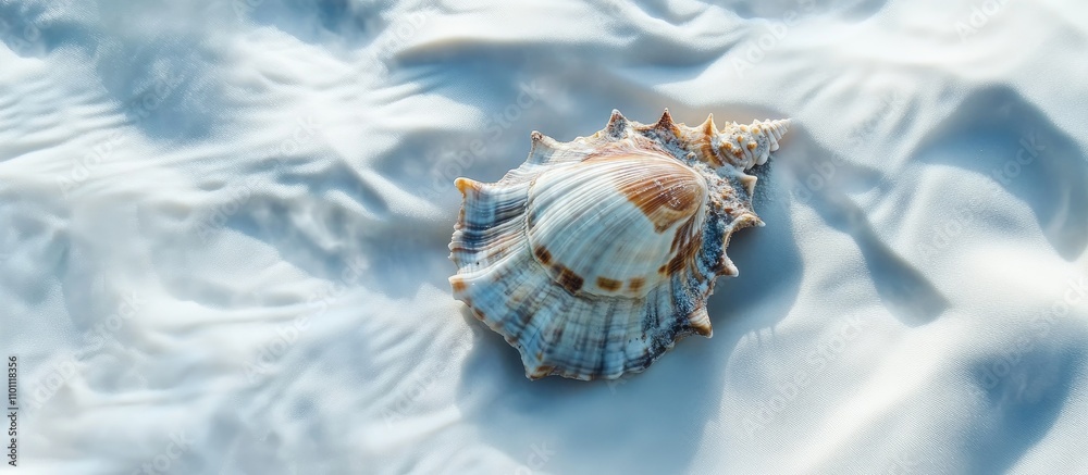 Poster spider shell positioned on a pristine white sandy beach with gentle waves creating a serene coastal 