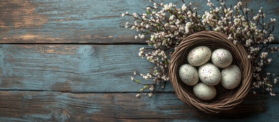 Spring Easter decoration with willow branches and speckled eggs in a rustic basket on a weathered wooden background.