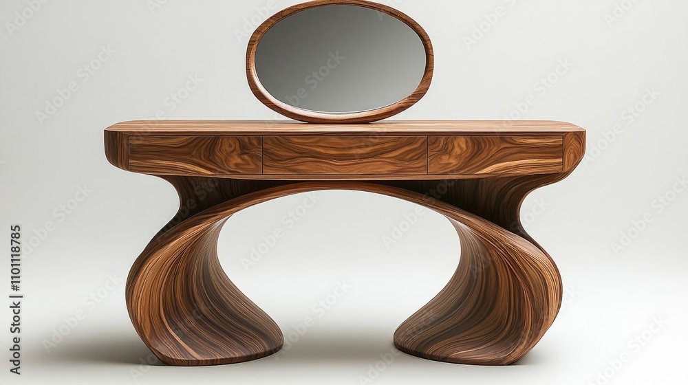 Poster elegant wooden dressing table with a unique curved design and mirror captivating against a minimalis