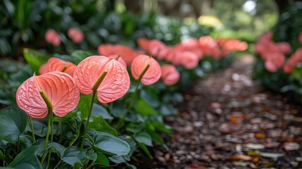 Anthurium flowers in lush greenery of Royal Park showcasing vibrant pink blooms along a garden pathway in natural light
