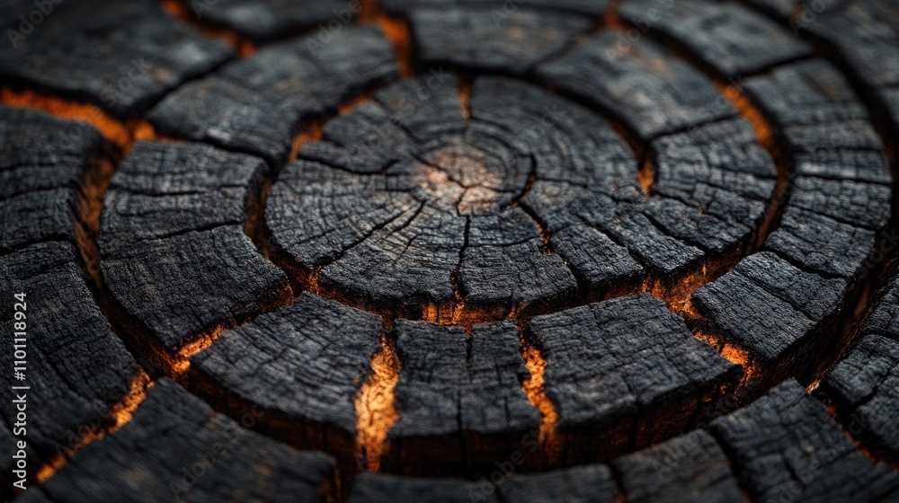 Poster Aged tree bark with intricate circular patterns and subtle glowing cracks in a dark wooden background texture.