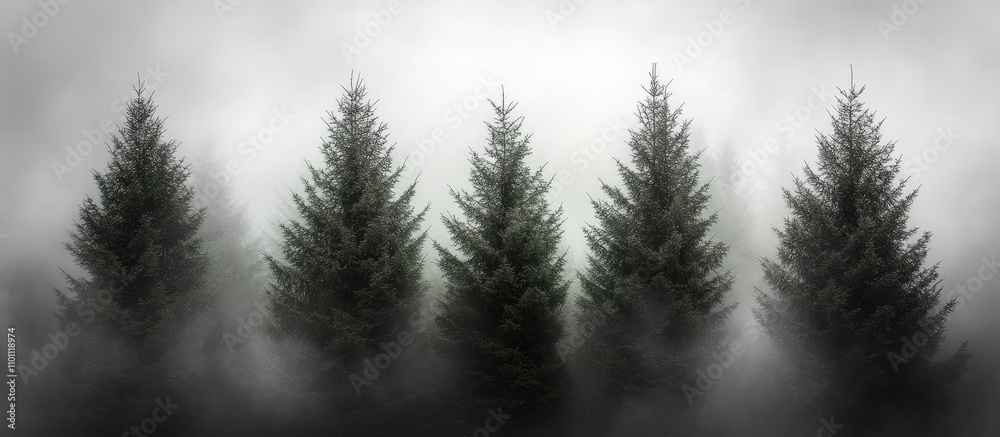 Aufkleber Mystical forest with evergreen trees emerging from dense fog and dramatic cloudy sky in the background
