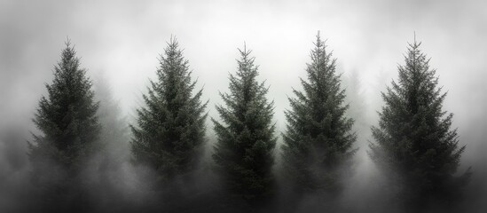 Fototapeta premium Mystical forest with evergreen trees emerging from dense fog and dramatic cloudy sky in the background