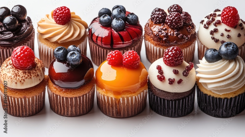 Poster assorted gourmet cupcakes with vibrant toppings arranged in a seamless pattern on a clean white back