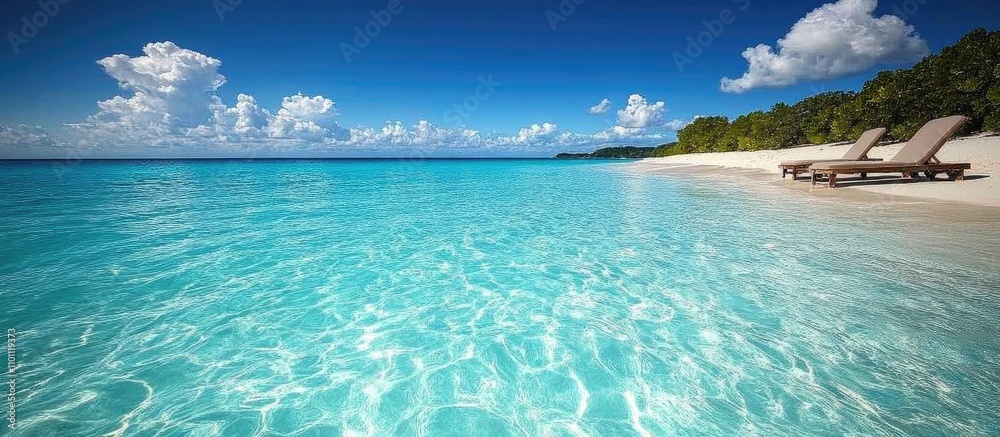 Poster serene turquoise waters under a clear blue sky with soft waves gently lapping the sandy beach and am