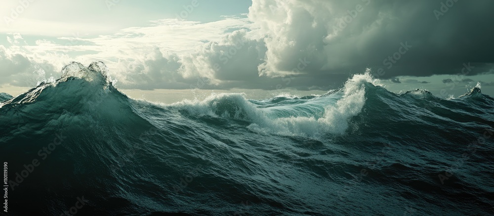 Poster Dynamic ocean waves under a dramatic sky creating a serene yet powerful coastal atmosphere suitable for nature and travel themes