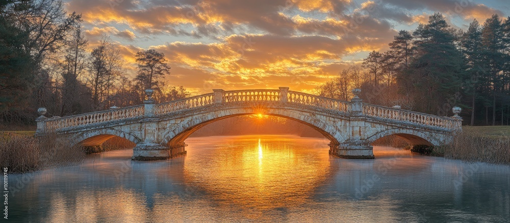 Poster tranquil sunset view of ornate bridges crossing a serene river with reflections amidst lush greenery