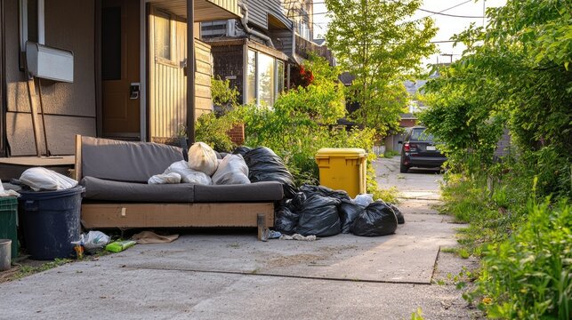An outdoor area features an abandoned couch beside garbage bags along a narrow alleyway filled with greenery during sunset