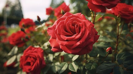 Naklejka premium vibrant red roses blooming in cultivated garden showcasing natural beauty and floral elegance in a serene outdoor setting