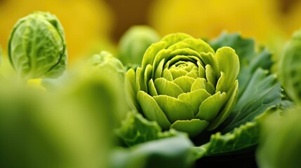 Obraz premium Green mustard flower in close-up surrounded by vibrant leafy vegetables showcasing fresh produce in a natural setting