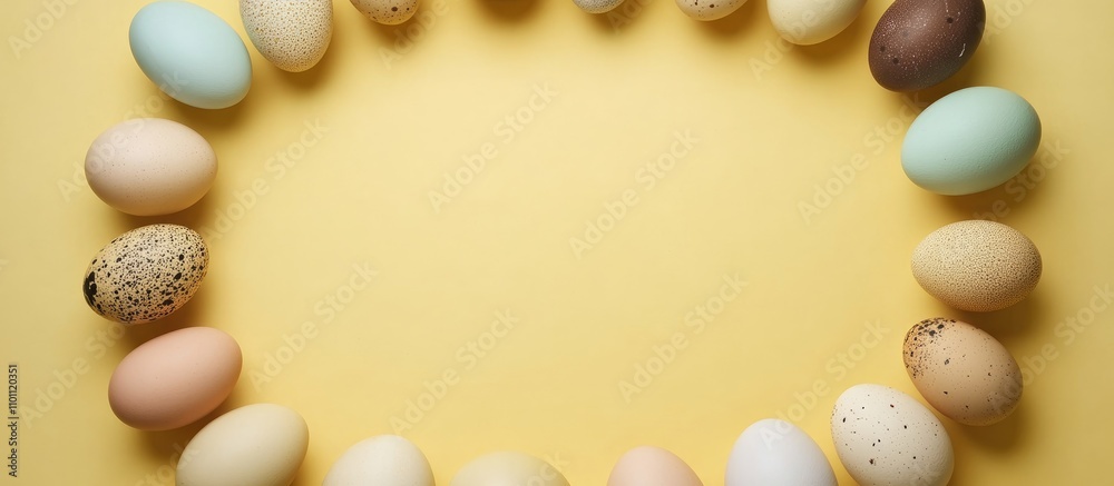 Poster Top view of colorful painted eggs arranged in a circular frame on a bright yellow background with space for text and decoration ideas