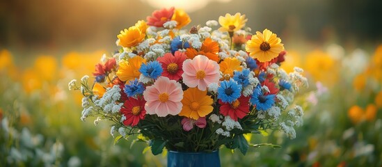 Vibrant summer wildflower bouquet held in hand surrounded by a colorful blooming field at sunset creating a cheerful atmosphere