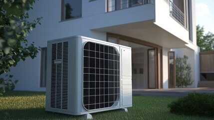 Fototapeta premium Modern Air Conditioning Unit Outside Contemporary Home Garden