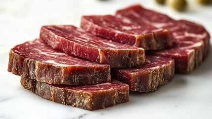 Fototapeta premium Freshly cut beef meat slices on a clean white surface ready for culinary use or food photography in a professional kitchen setting