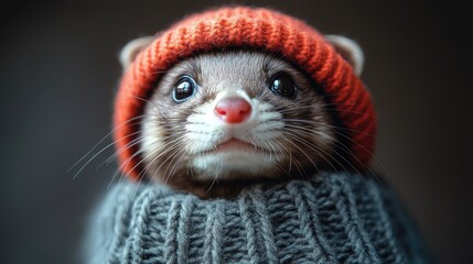 Fototapeta premium Ferret in cozy red hat showcasing adorable fluffy features against a soft background perfect for pet companionship and studio portraits