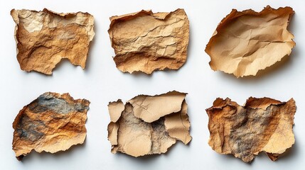 Obraz premium Ripped paper collection on white background showcasing various textures and colors for creative design use.
