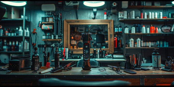 A professional barbering station showcasing tools like scissors, clippers, and grooming products, set in a well-organized workshop, Ideal for beauty salons, barbershops, or maintenance tutorials,