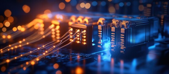 Electric screw connection terminals with wiring for load management in electronic circuits illuminated with glowing lights and bokeh effects