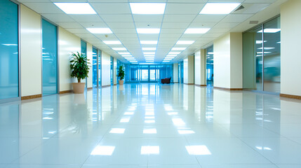 Fototapeta premium Bright Modern Office Corridor with Glossy Floors and Natural Light
