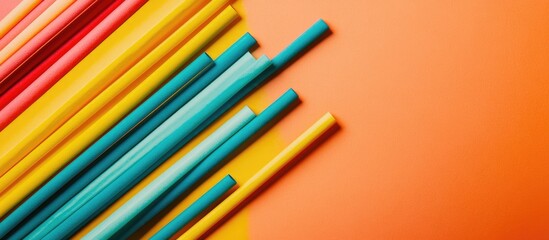 Fototapeta premium Vibrant collection of colorful paper straws on bright background ideal for summer drinks and cocktails with ample copy space for text