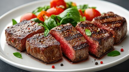 Grilled beef steak with vibrant vegetable salad and basil elegantly plated on a white dish isolated on a clean background
