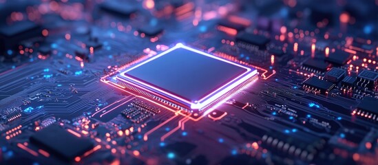 Obraz premium Close up of a modern computer motherboard with illuminated CPU and cooler showcasing advanced electronic hardware technology and innovation