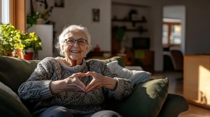 An elderly woman enjoys her time on a comfortable couch, smiling warmly and creating a heart shape with her hands in a sunlit living room