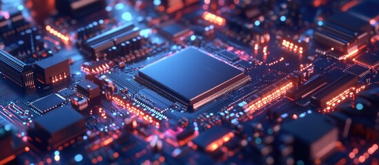 Fototapeta premium Close up of illuminated electronic components on a printed circuit board showcasing advanced technology and circuit design intricacies