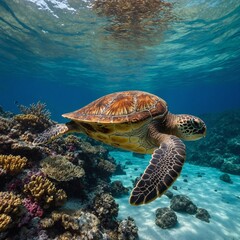 Fototapeta premium A majestic sea turtle swimming near vibrant coral reefs in a tropical ocean.