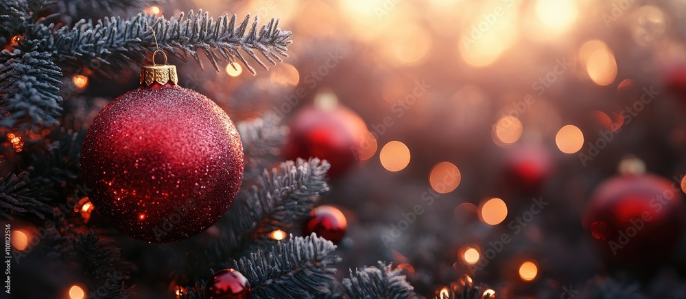 Poster festive bokeh background with christmas ornaments on a beautifully decorated tree creating a warm ho