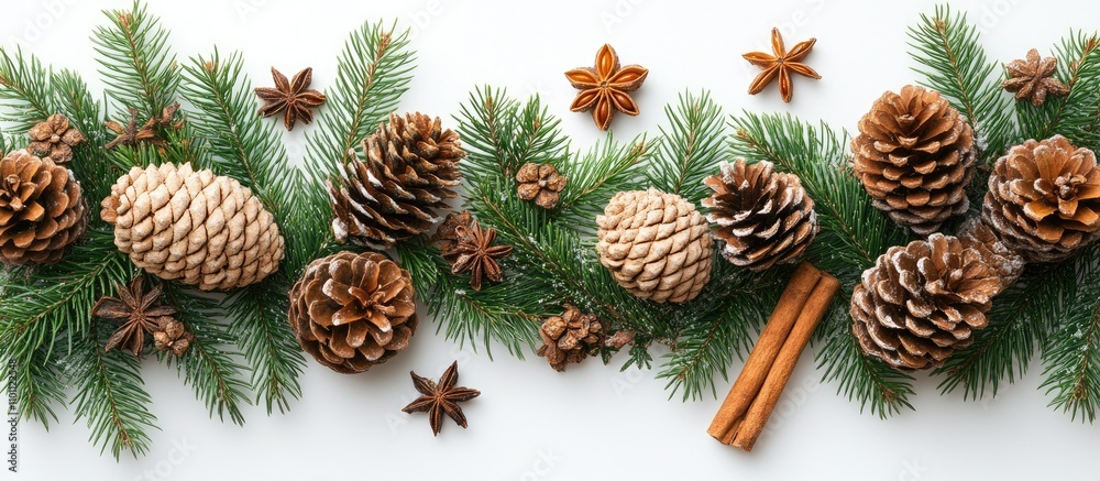 Poster christmas arrangement with thuja branches cinnamon sticks and anise stars on white background flat l