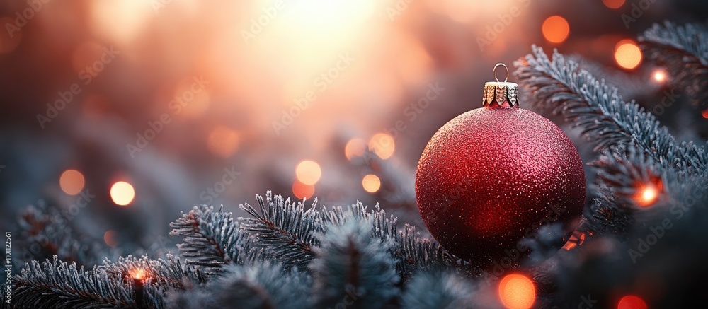 Aufkleber red christmas ornament nestled in evergreen branches with a softly blurred festive background and wa